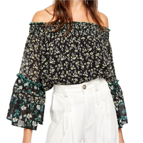 Free People XS Rose Valley Floral Print  Off-Shoulder Top Black - Picture 1 of 8
